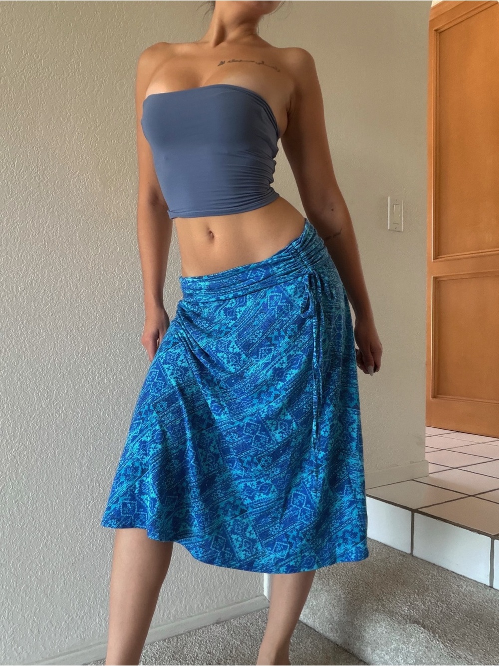 Vintage Blue Printed A-Line Skirt